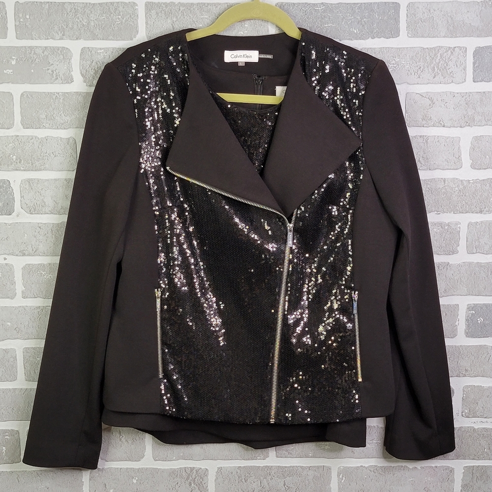 Calvin Klein Sequin 2 Piece Black Tank &  Zip-Up Jacket Women's Size L
